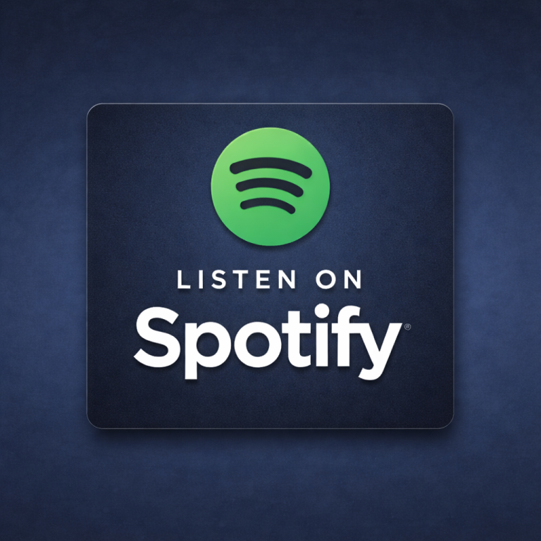 Green Spotify logo with "Listen on Spotify" text on a dark blue background.